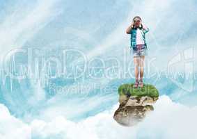 Young Girl on floating rock platform  in sky with binoculars with interface