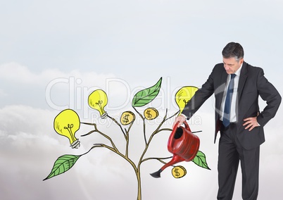 Man holding watering can and Drawing of Money and idea graphics on plant branches on wall