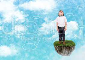 Young boy on floating rock platform  in sky with connectors interface