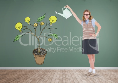 Woman holding watering can and Drawing of Money and idea graphics on plant branches on wall