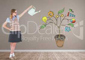Woman holding watering can and Drawing of Business graphics on plant branches on wall