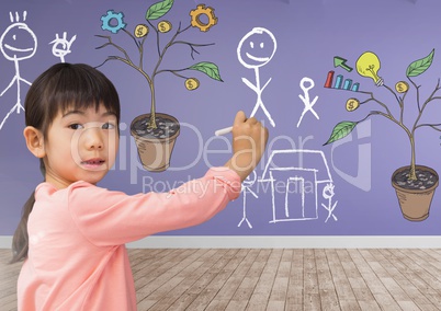 Drawing of Business graphics on plant branches on wall and family sketches