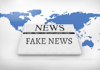 Fake news text on newspaper over world map