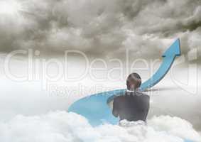 businessman on blue arrow in the clouds