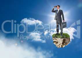 Businessman with binoculars on floating rock platform in sky
