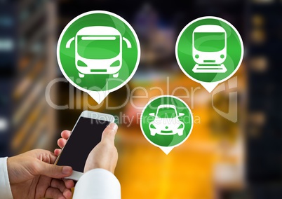 Transport Icons and hand holding phone in city