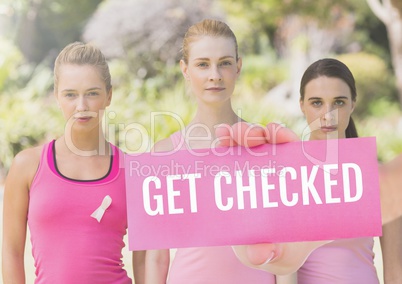 Get checked Text and Hand holding card with pink breast cancer awareness women