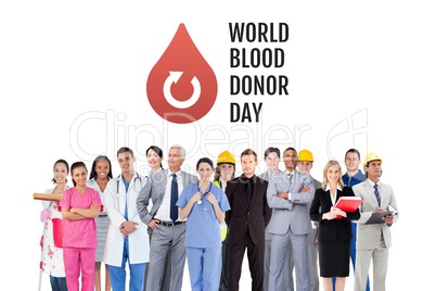 Group of people with world blood donor day and blood donation graphic