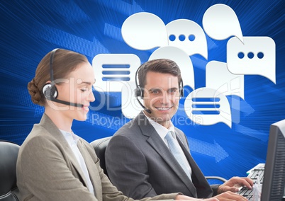 Customer care service people with chat bubbles