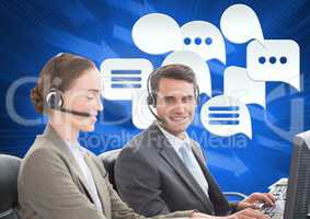 Customer care service people with chat bubbles