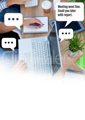 People working in office on desk with chat bubbles about meeting