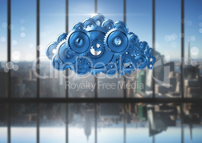 cog gears cloud with city windows background