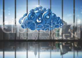 cog gears cloud with city windows background