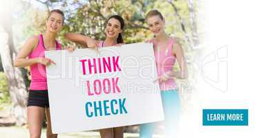 Learn more button with Think Look Check text and pink breast cancer awareness women holding card