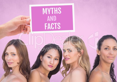 Myths and facts Text and Hand holding card with pink breast cancer awareness women