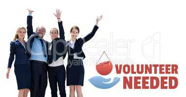 Business people with volunteer needed text and a blood donation graphic