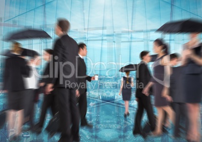 Group of business people with transition background and umbrellas rushing