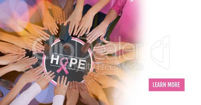 Learn more button with Hope text with breast cancer awareness women putting hands together