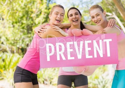 Prevent Text and Hand holding card with pink breast cancer awareness women