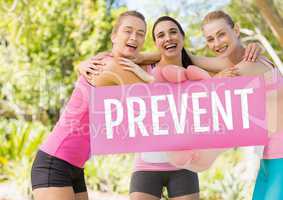 Prevent Text and Hand holding card with pink breast cancer awareness women