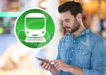 Man holding phone with train icon