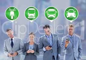 Transport Icons and business people holding phones in city