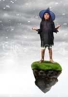 Young witch halloween Girl on floating rock platform  in sky with connectors interface