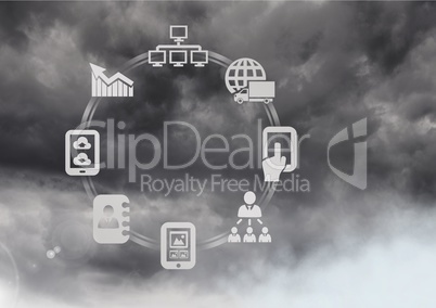 Sky clouds with graphics of connecting business icons