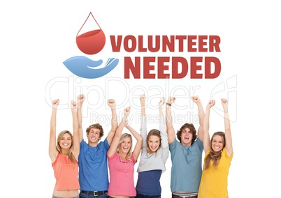 Group of people with volunteer needed text and a blood donation graphic