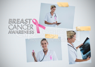 Breast Cancer Awareness text and Breast Cancer Awareness Photo Collage with doctor