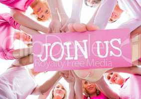 Join Us Text and Hand holding card with hands together in circle with pink t-shirts