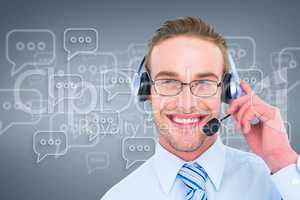 Happy customer care assistant man against customer care background