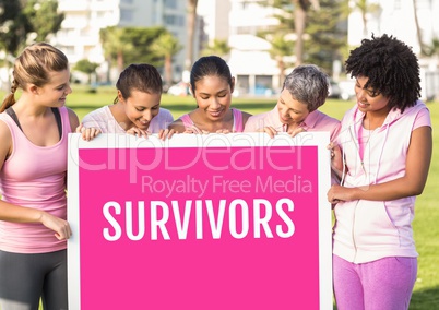 Survivors text and pink breast cancer awareness women holding card