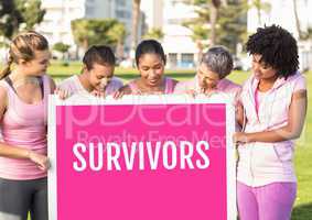 Survivors text and pink breast cancer awareness women holding card