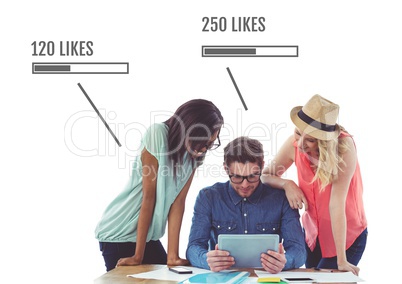 People on tablet with Shares and Likes status bars