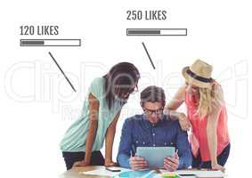 People on tablet with Shares and Likes status bars