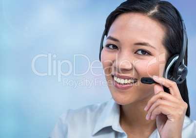 Customer care service woman with blue background