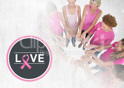 Love text with breast cancer awareness women putting hands together