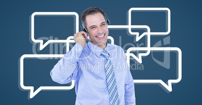 Happy customer care assistant man against customer care background