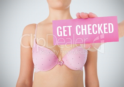 Get checked Text and Hand holding card with pink breast cancer awareness women