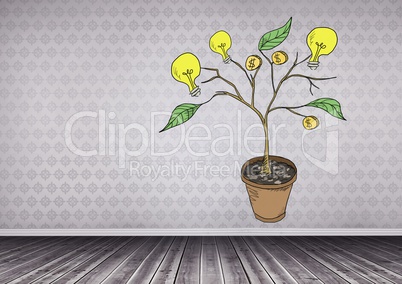 Drawing of Money and idea graphics on plant branches on wall