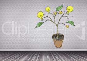 Drawing of Money and idea graphics on plant branches on wall