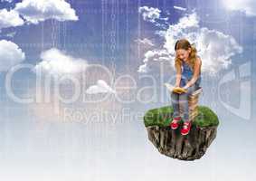 Young Girl on floating rock platform  in sky reading books with numbers interface
