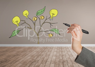 Hand holding pen and Drawing of Money and idea graphics on plant branches on wall