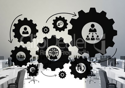 People in cogs graphics against office background
