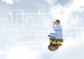 Businessman with binoculars on floating rock platform with interface in sky