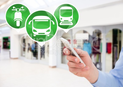 Transport Icons and hand holding phone