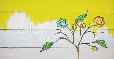 Drawing of Business graphics on plant branches on wall