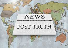 Post-truth text on newspaper over map of the world