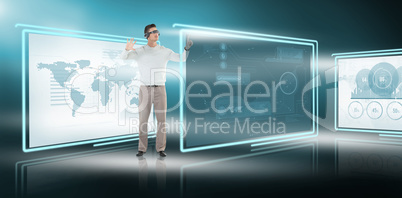 Composite image of young man gesturing while using virtual video glasses